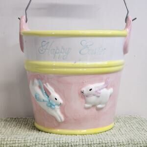 Clay Design Bunny Bucket Hand Painted Ceramic Easter Basket Decor with handle